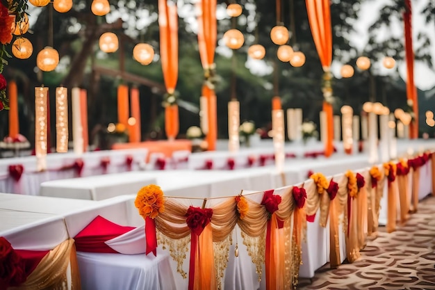 A table set for a wedding with orange and white lanterns.