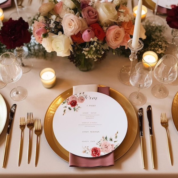a table set for a wedding with a place mat and flowers