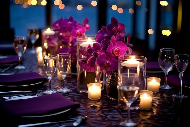 A table set for a wedding with purple orchids and candles