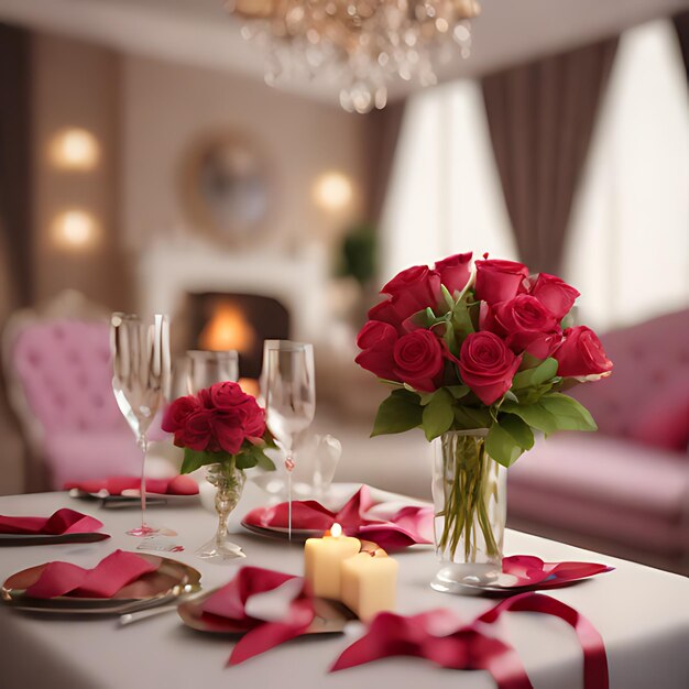 Photo a table set for a wedding with red roses and candles