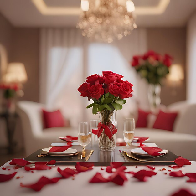 Photo a table set for a wedding with red roses and candles