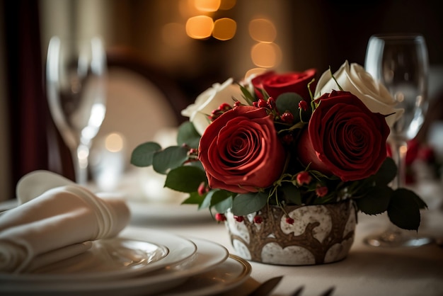 赤いバラの結婚式用のテーブルセット