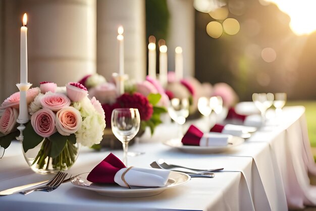 A table set for a wedding with a vase of flowers and candles.