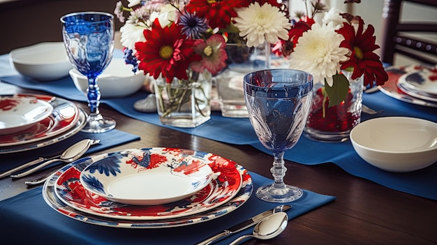 A table set with blue and white china and flowers