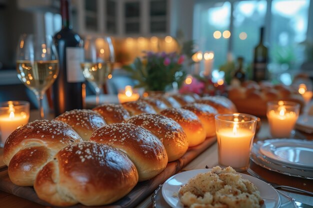 Table set with bread candles food