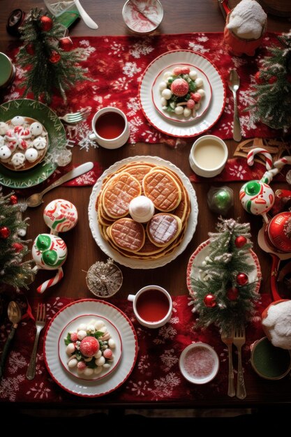 Table set with christmasthemed crockery including pancakes eggs bacon and hot cocoa