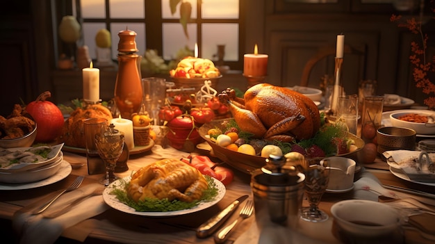Table set with food ready for Thanksgiving feast with roast turkey candles vegetables fruits Turkey as the main dish of thanksgiving for the harvest An atmosphere of joy and celebration
