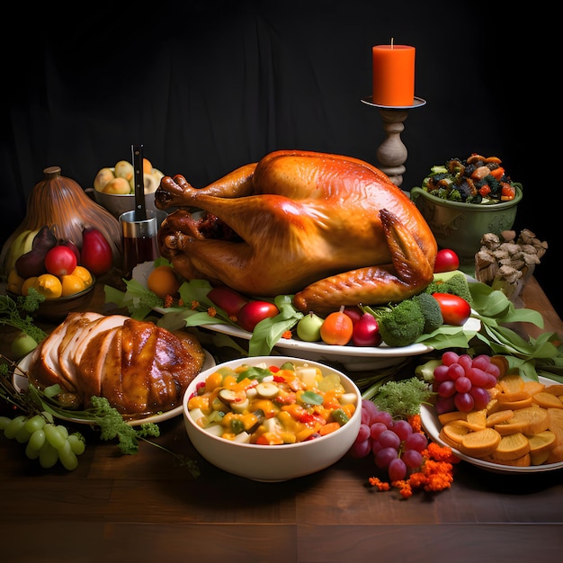 Table set with food for Thanksgiving roast turkey grapes carrots Turkey as the main dish of thanksgiving for the harvest