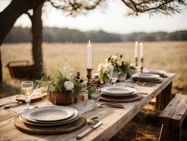 Photo a table set with plates and candles and flowers on it with a field in the background