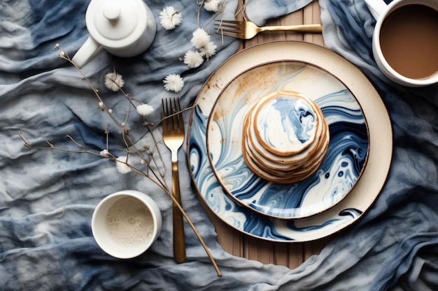 A table set with plates and cups and a tea set with a blue and white pattern.