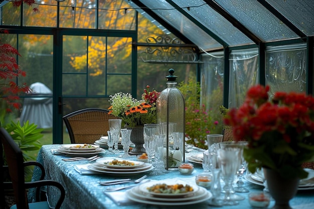 a table set with plates and glasses and a vase of flowers