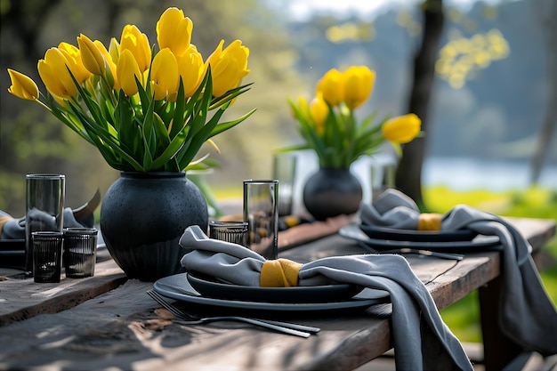 Стол с тарелками, салфетками и желтыми тюльпанами.