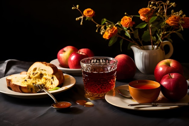 Photo table set with traditional rosh hashanah dishes