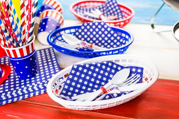 Table set with white, blue and red decorations for July 4th barbecue.