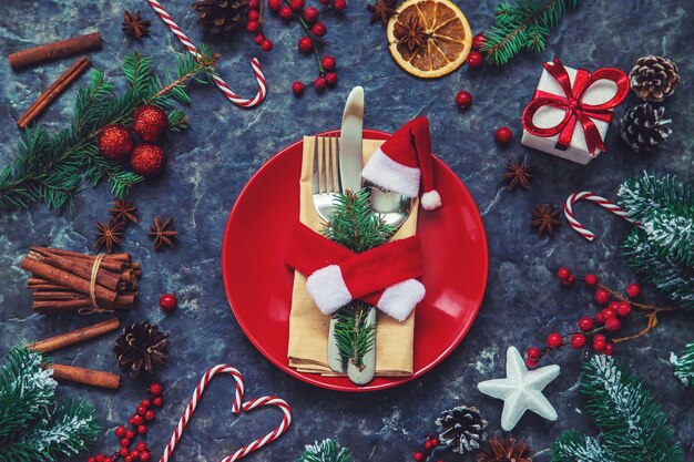 Table setting for christmas decor. Selective focus. haliday.