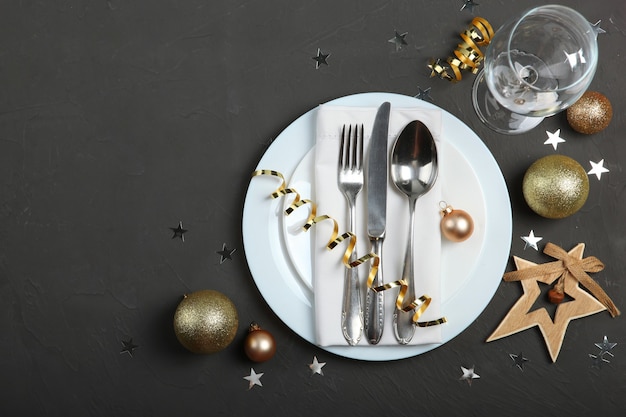 table setting for christmas or new year holiday top view mirimalism