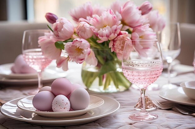 A table setting decorated with pink flowers and pink easter eggs
