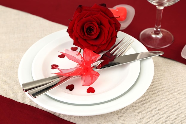 Table setting in honor of Valentine's Day close-up