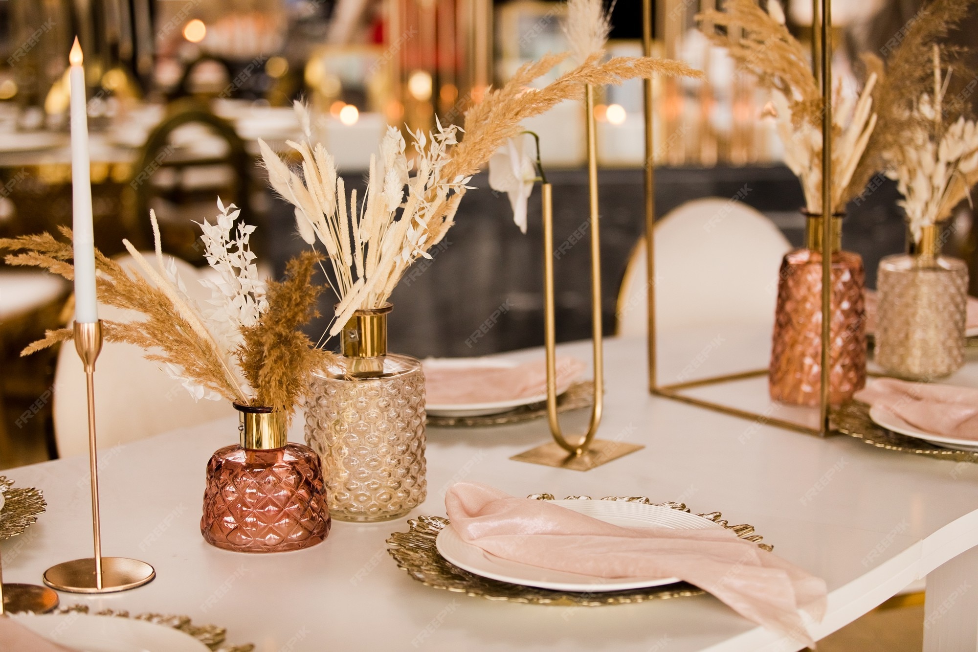 Premium Photo | Table setting at a luxury wedding and beautiful flowers on the table. wedding decor, flowers, pink and gold decor, candles. festive table decor. Premium Photo | Table Setting At A Luxury Wedding And Beautiful Flowers On The Table. Wedding Decor, Flowers, Pink And Gold Decor, Candles. Festive Table Decor.