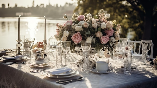 Сервировка стола на роскошной свадьбе и красивые цветы с генеративным искусственным интеллектом