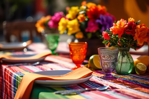 Table setting in mexican style Vibrant tablecloths and colorful flower arrangements Generative AI