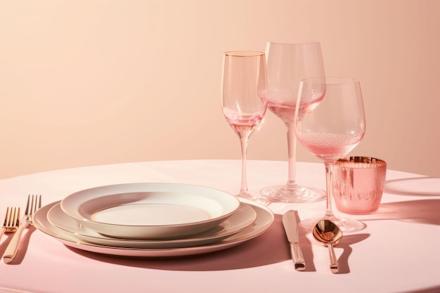 Table setting in pastel colors Luxury elegant table setting glasses and dishes Generative AI illustration