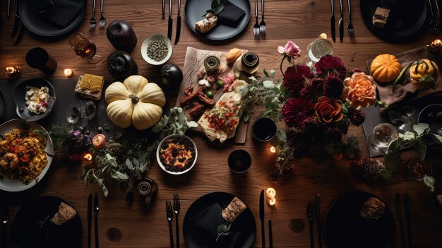 Table setting for thanksgiving dinner with pumpkins on wooden table top view