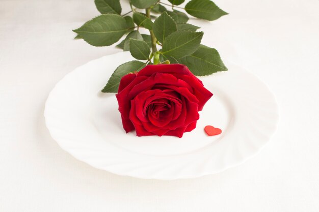 Table setting for Valentines day with red rose and heart