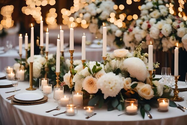Photo a table setting for a wedding reception with candles and flowers.