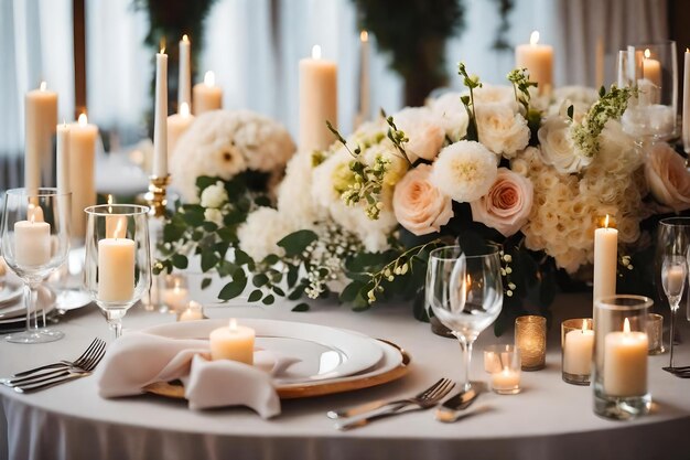 A table setting for a wedding reception with candles and flowers