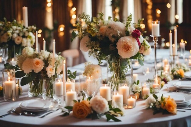 Photo a table setting for a wedding reception with flowers and candles