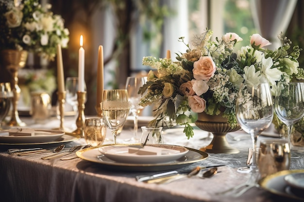 꽃과 촛불이 있는 결혼식 피로연을 위한 테이블 세팅