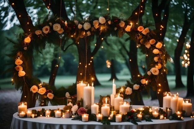 A table setting for a wedding with candles and flowers