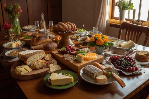 Table setting with assortment of artisan breads cheeses and spreads created with generative ai