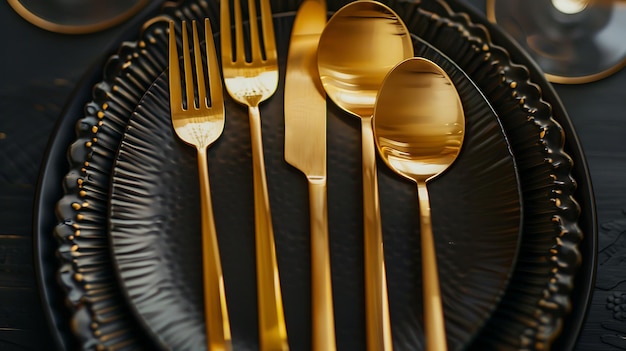 Photo table setting with black plates and gold cutlery the plates are arranged in a staggered pattern with the gold cutlery placed on top