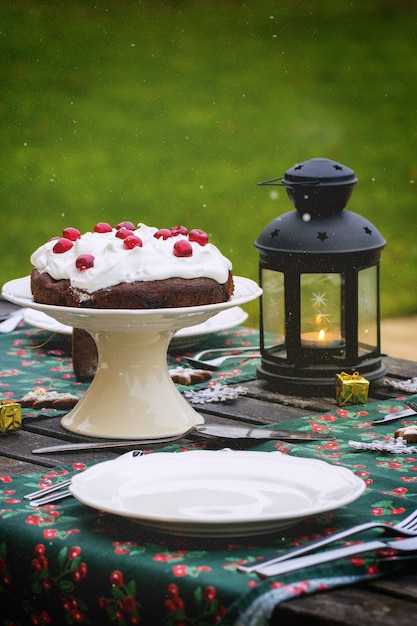 Table setting with chocolate cake