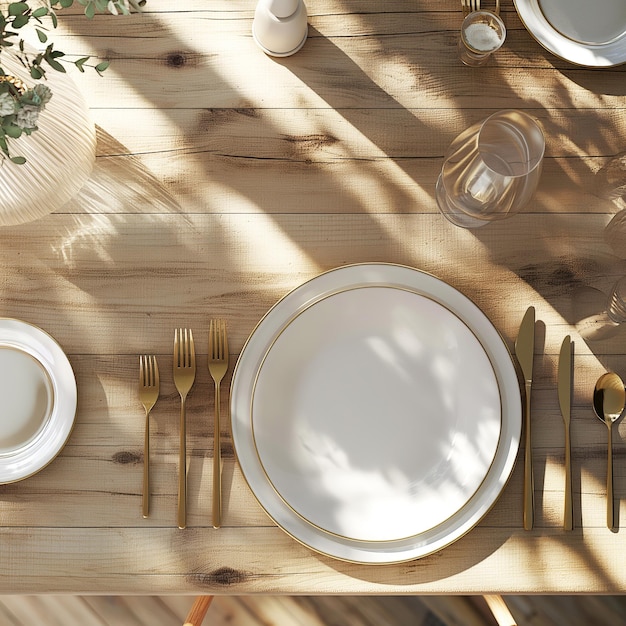 Photo table setting with empty white plate and cutlery top view