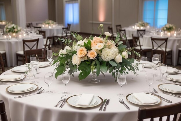 Table setting with floral centerpiece at wedding reception venue