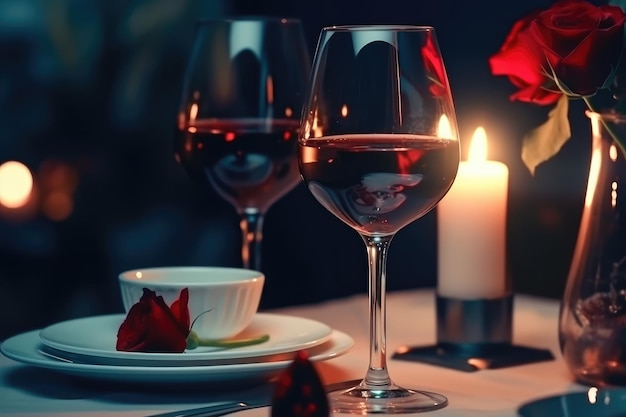 table setting with glasses of wine candles and roses AI