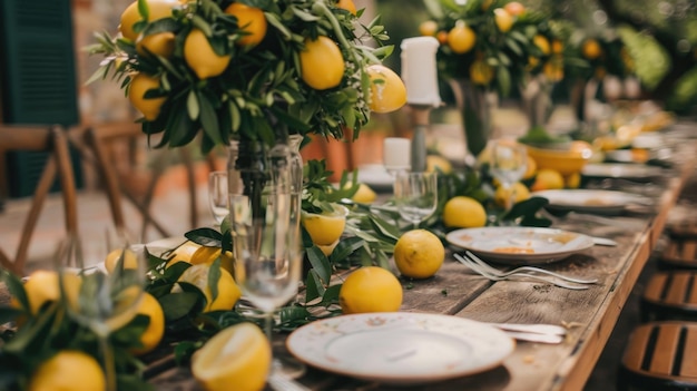 Table setting with lemons and greenery for a rustic garden party