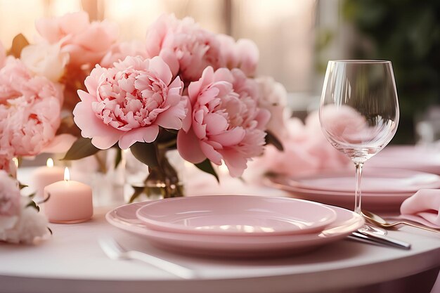 A table setting with pink peonies and pink candle