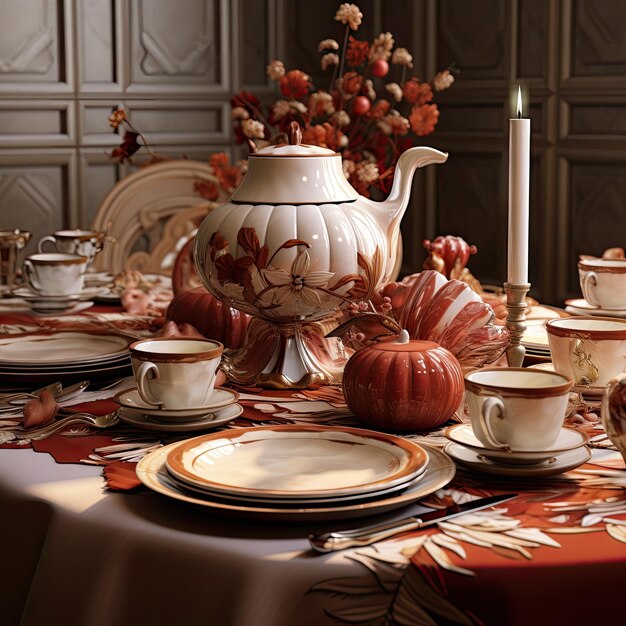 A table setting with plates cups and teacups on it in the background is an orange floral arrangement