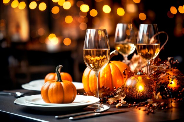 Photo table setting with pumpkins in dining room for fall holidays halloween or thanksg