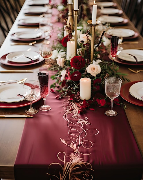 a table setting with red and gold place settings white plates burgundy napkins silverware candles