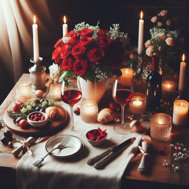 Photo a table setting with red roses and candles