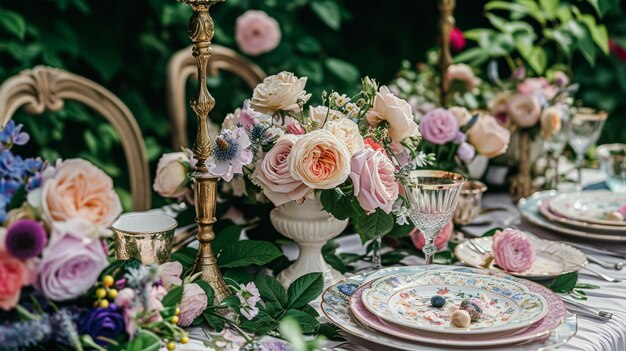 Table setting with rose flowers and candles for an event party or wedding reception in summer garden