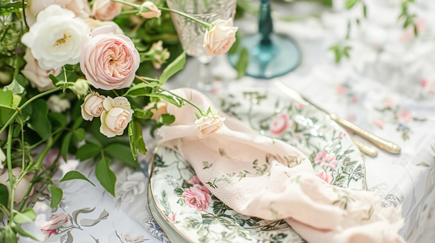 夏の庭でイベントパーティーや結婚式のレセプションのためにバラの花とろうそくでテーブルのセット
