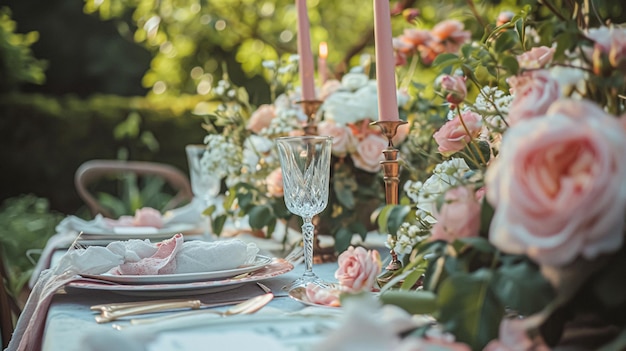 Photo table setting with rose flowers and candles for an event party or wedding reception in summer garden