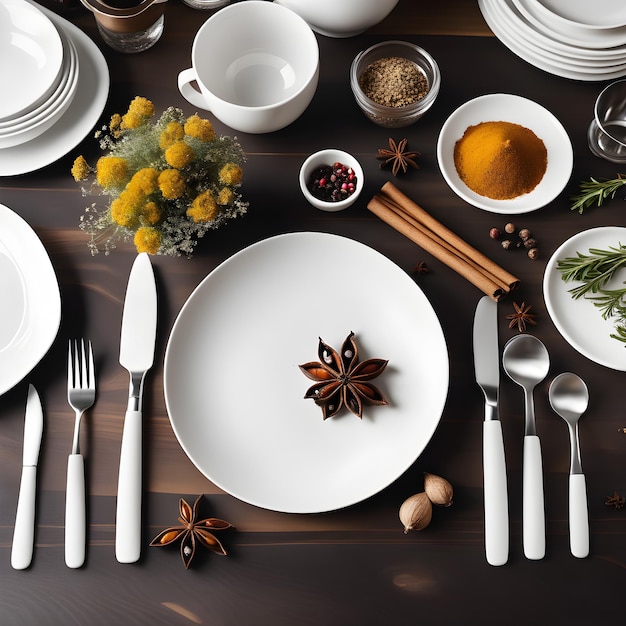 a table setting with white dishes and silverware Generative AI