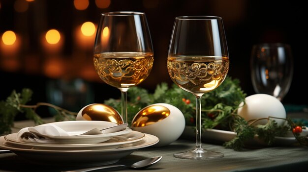 A table setting with a white egg and wine glasses